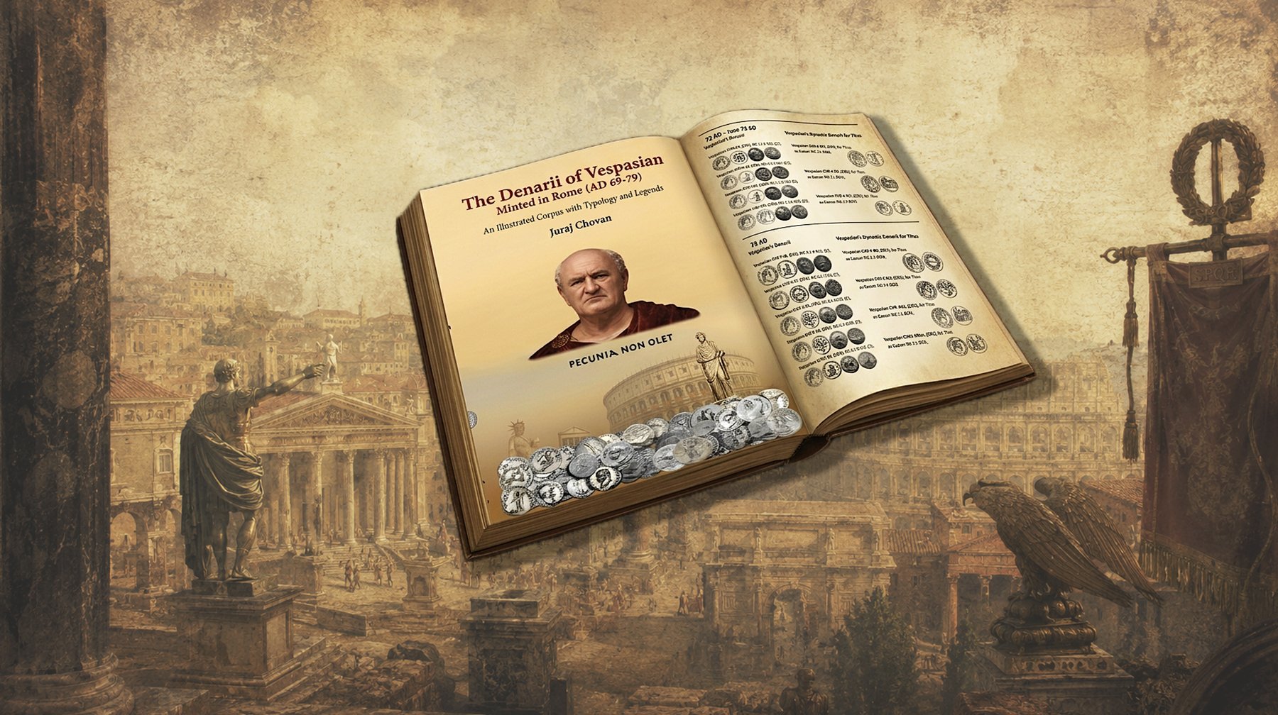 The Denarii of Vespasian, Minted in Rome (AD 69–79) — An Illustrated Corpus with Typology and Legends, by Juraj Chovan, shown as an open hardcover book resting on a view of ancient Rome.