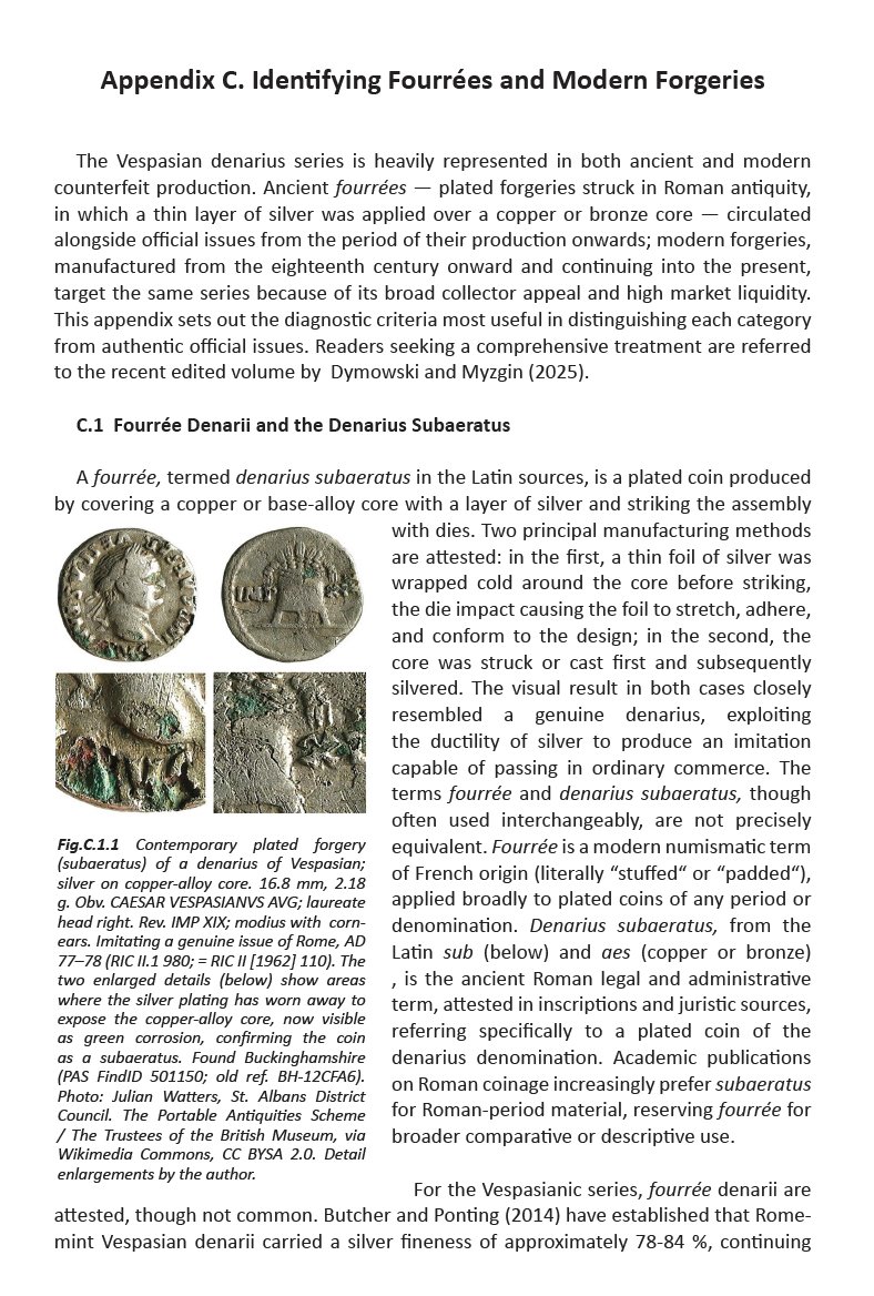 Appendix C: Identifying Fourrées and Modern Forgeries, with a photograph of a plated forgery showing worn silver plating.