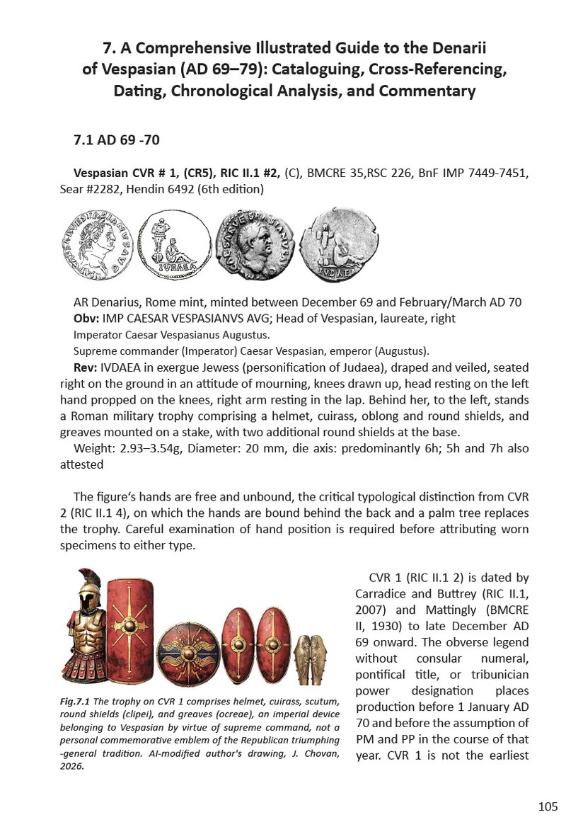 Corpus page 105: illustrated entry for Vespasian CVR 1, RIC II.1 2, with obverse and reverse coin photography and commentary.