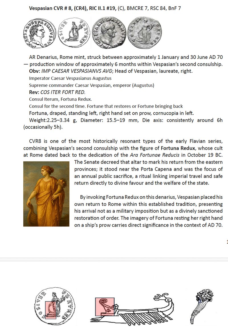 Corpus entry for Vespasian CVR 8, AD 70, Fortuna Redux type, with obverse and reverse coin photography and a painting of Fortuna.