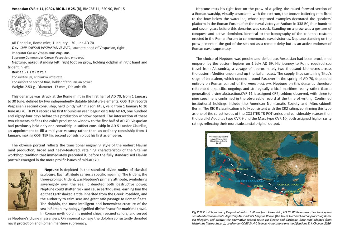 Commentary spread for CVR 11 discussing Neptune's symbolism and a map of Vespasian's possible sea routes from Alexandria to Rome in AD 70.