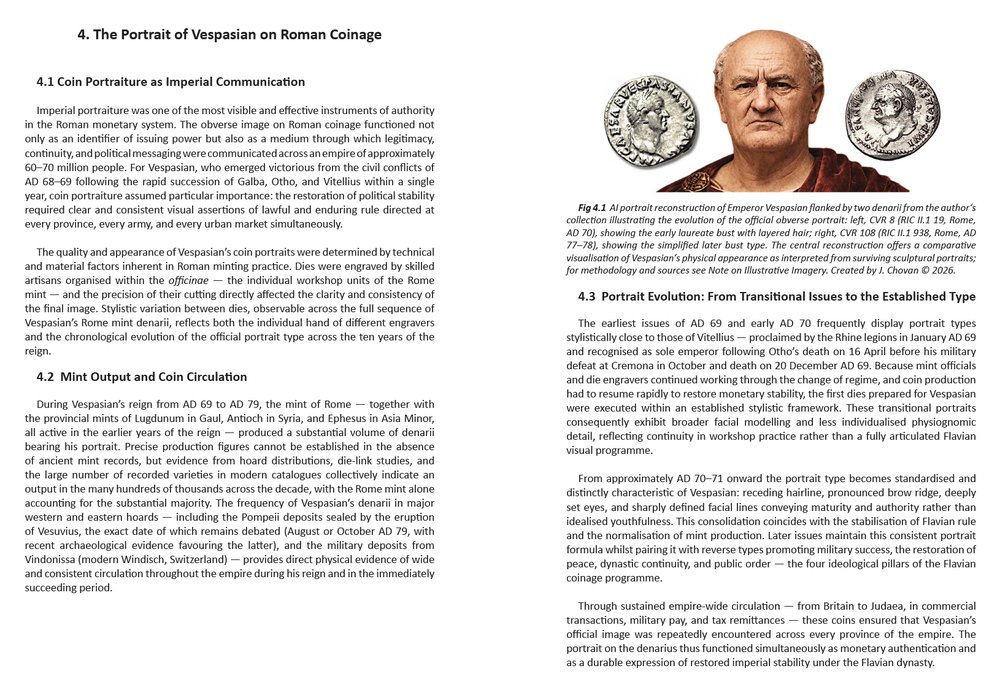Chapter 4, right-hand page: an AI portrait reconstruction of Vespasian flanked by two denarii, from The Portrait of Vespasian on Roman Coinage.